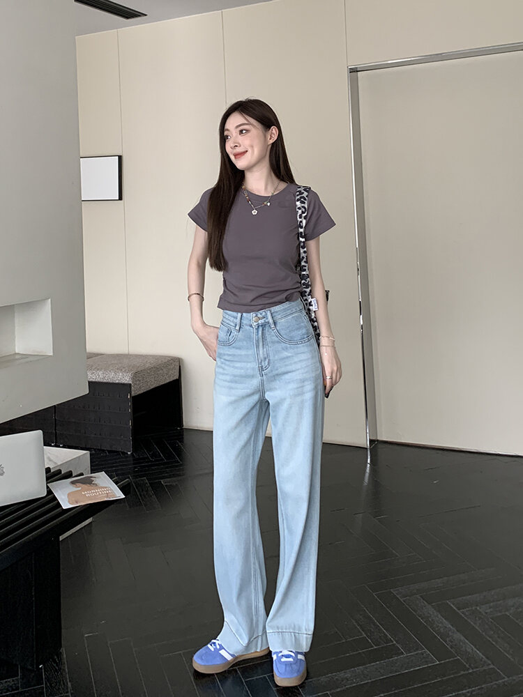 Out of Print Contraction Trouser ~ Glacier Blue Straight-leg Narrow Version Denim Women's Summer Thin High Waist Loose Mop Wide-Leg Pants