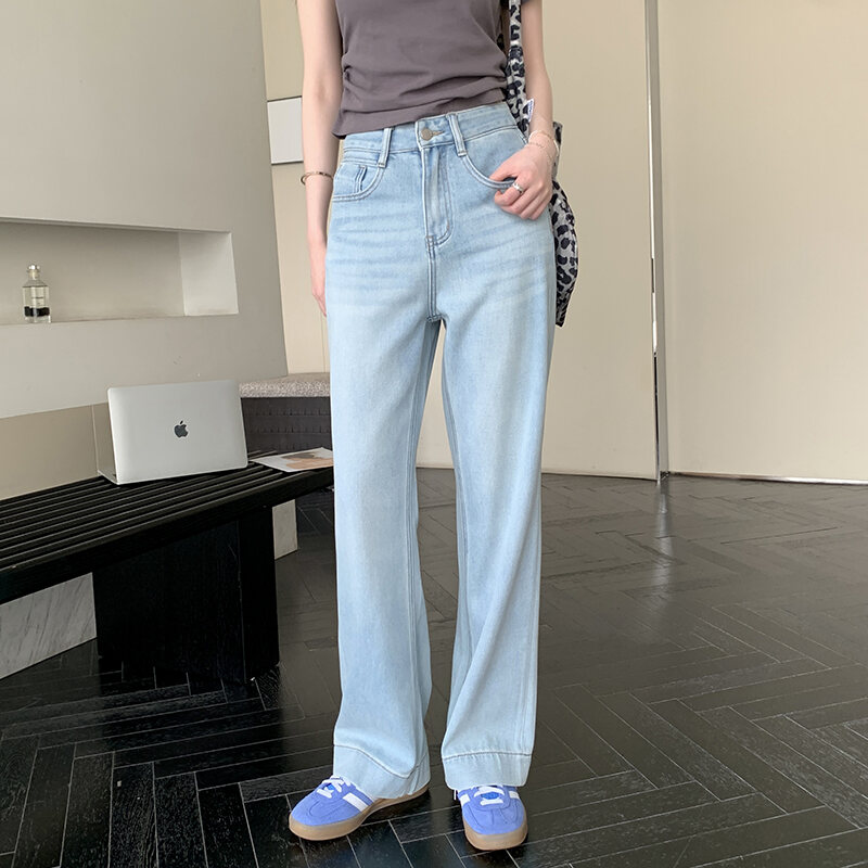 Out of Print Contraction Trouser ~ Glacier Blue Straight-leg Narrow Version Denim Women's Summer Thin High Waist Loose Mop Wide-Leg Pants