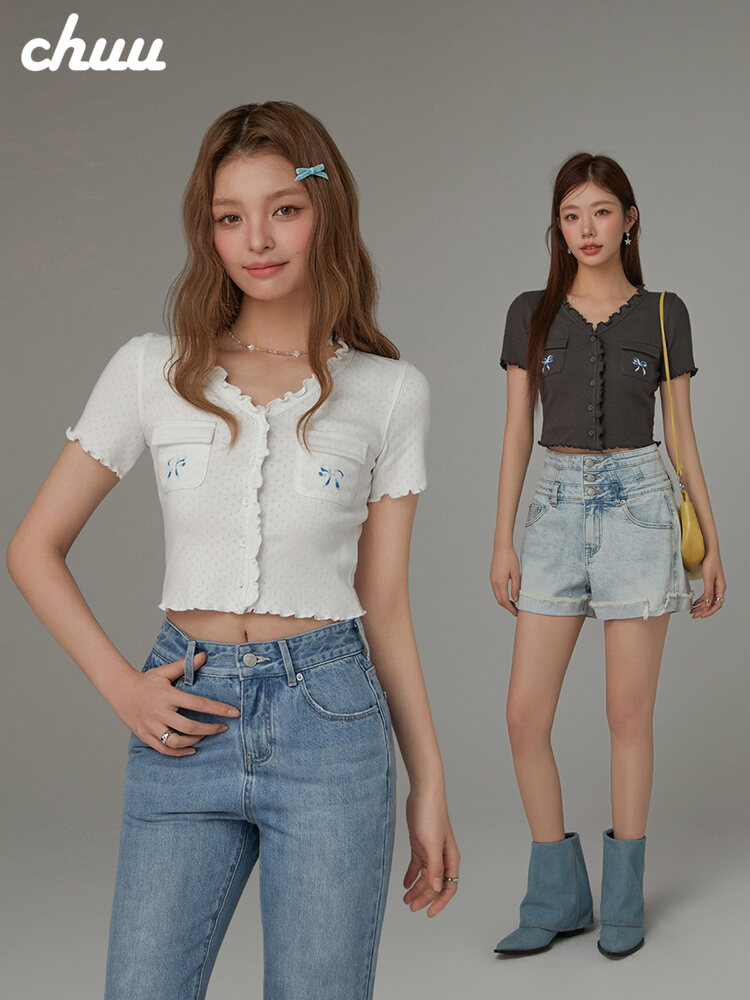 Chuu Butterfly Knot Embroidery Short Sleeve T-Shirt Women's New Summer Spicy Hollow out Ear Short Top Korean Style Cotton V-neck
