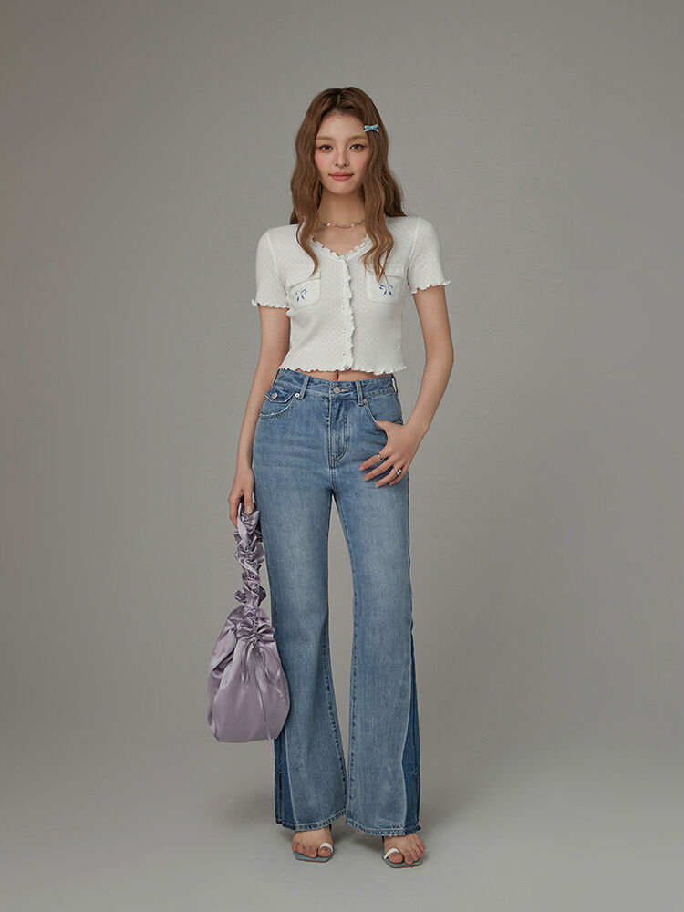 Chuu Butterfly Knot Embroidery Short Sleeve T-Shirt Women's New Summer Spicy Hollow out Ear Short Top Korean Style Cotton V-neck