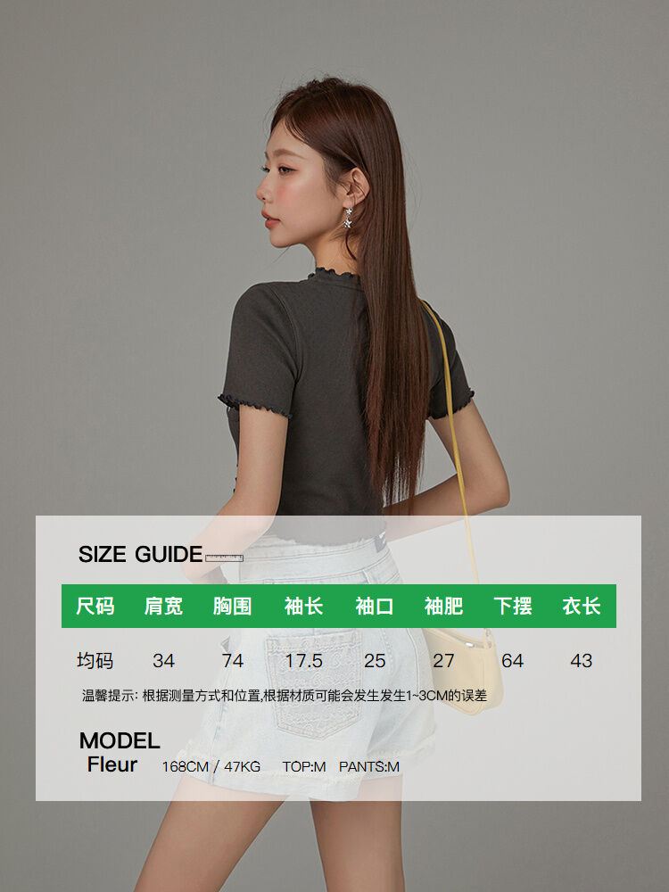 Chuu Butterfly Knot Embroidery Short Sleeve T-Shirt Women's New Summer Spicy Hollow out Ear Short Top Korean Style Cotton V-neck