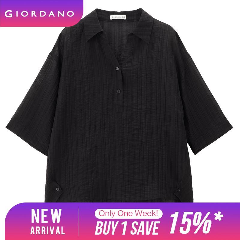 Giordano Women Tencel v-neck collar elbow length sleeve shirt Free Shipping 18344216