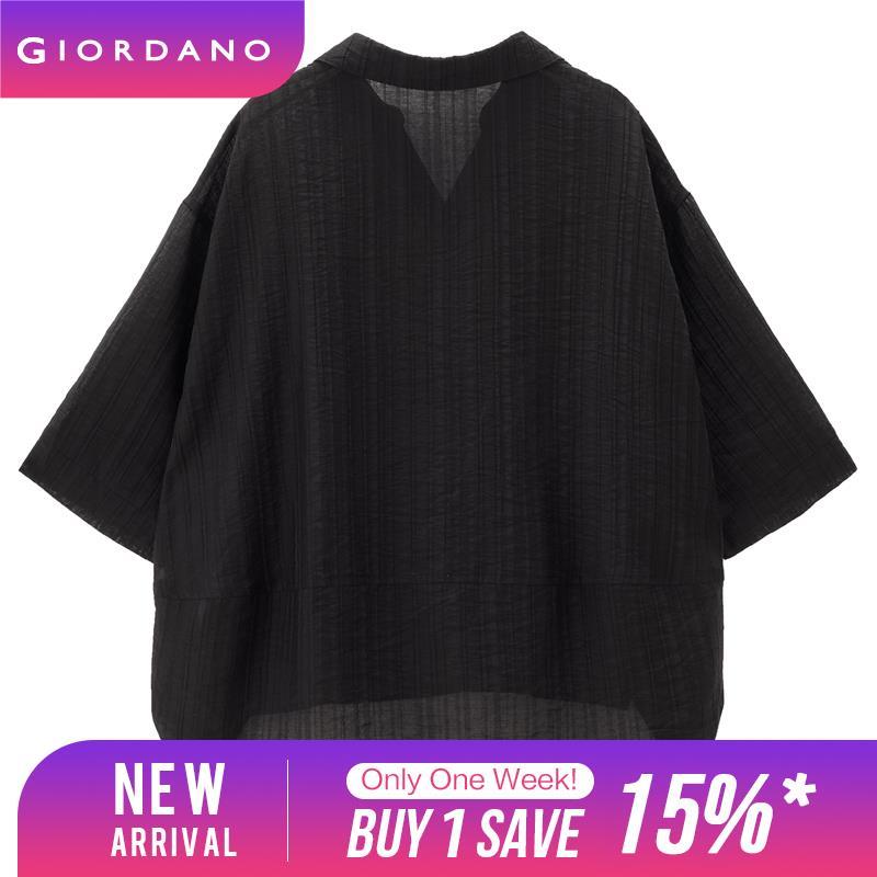 Giordano Women Tencel v-neck collar elbow length sleeve shirt Free Shipping 18344216