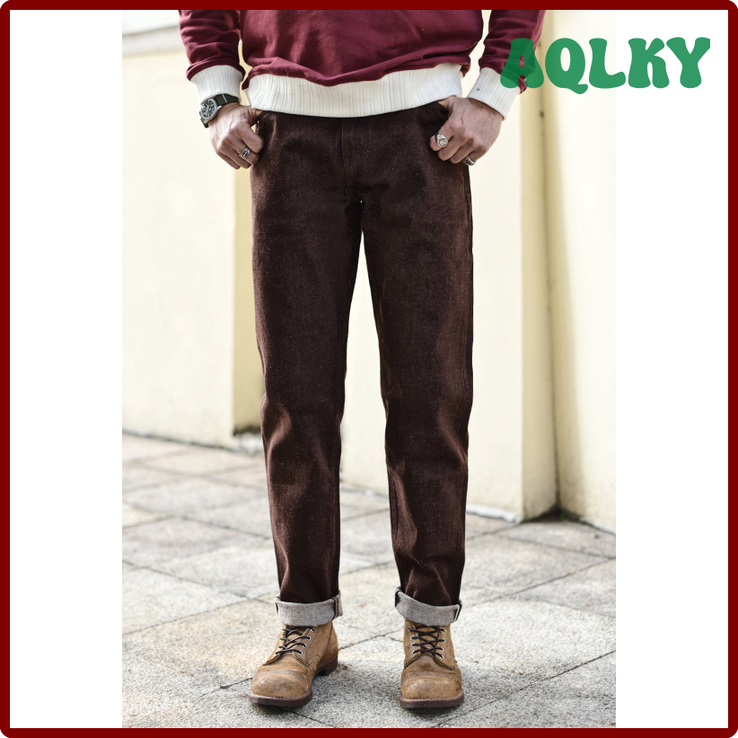 AQLKY Saucezhan jeans voor heren, bruine jeans voor heren, jeansbroek, selvedge spijkerbroek voor heren, taps toelopende pasvorm, herenjeans, vintage 13,8 oz. FGUOP
