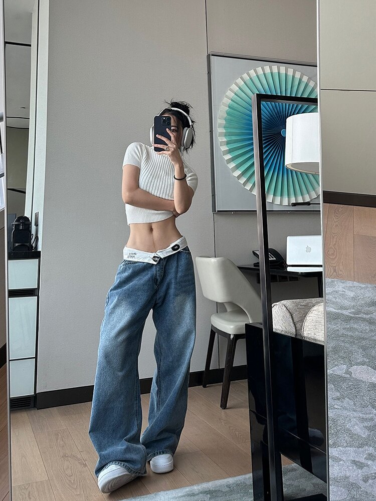 DQSTORE Jeanshose für Damen mit hoher Taille und weitem Bein, hellfarbiges Baumwollmaterial, Frühlings- und Sommersaison, ideal für Geburtstagsfeiern von 18-24