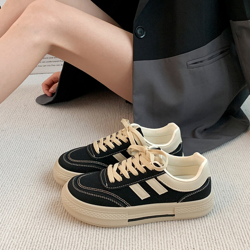 Black Canvas Sneakers Women's Casual Breathable Sports Shoes Spring New Style Versatile Flat Shoes Comfortable Low Top round Toe · v7