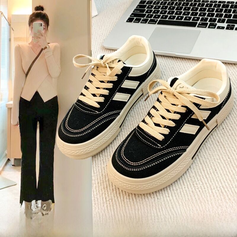 Black Canvas Sneakers Women's Casual Breathable Sports Shoes Spring New Style Versatile Flat Shoes Comfortable Low Top round Toe · v7