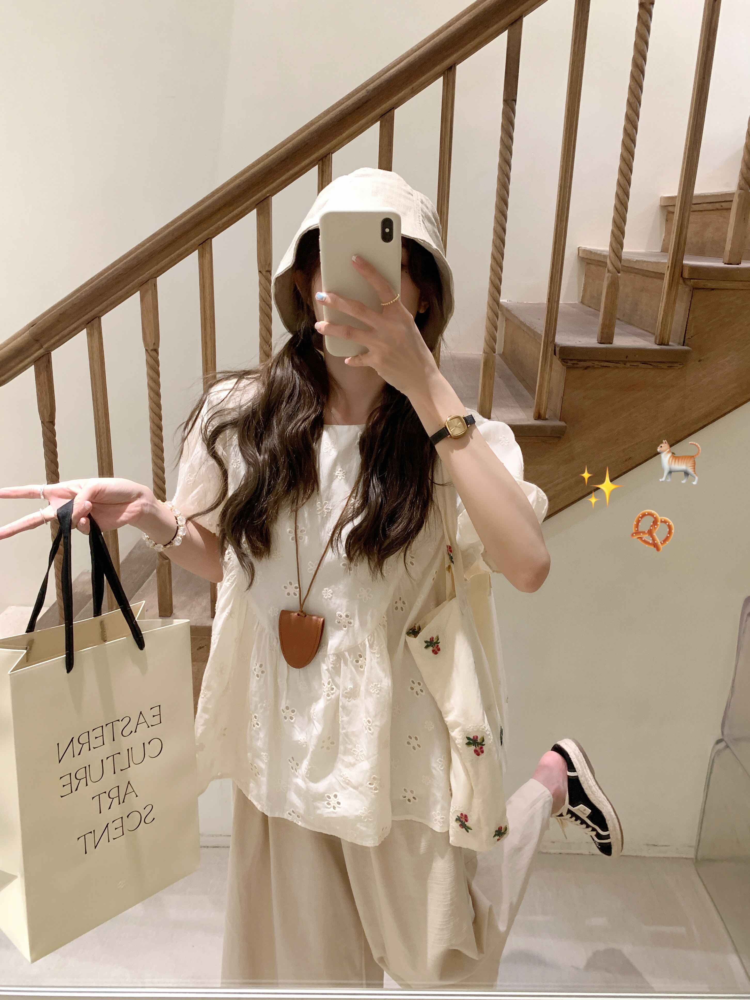 FF BLUE Summer Sunlight Cotton Embroidered Shirt Loose Short Sleeve Women's Casual Style round Neck Casual Fit Short Sleeve Top