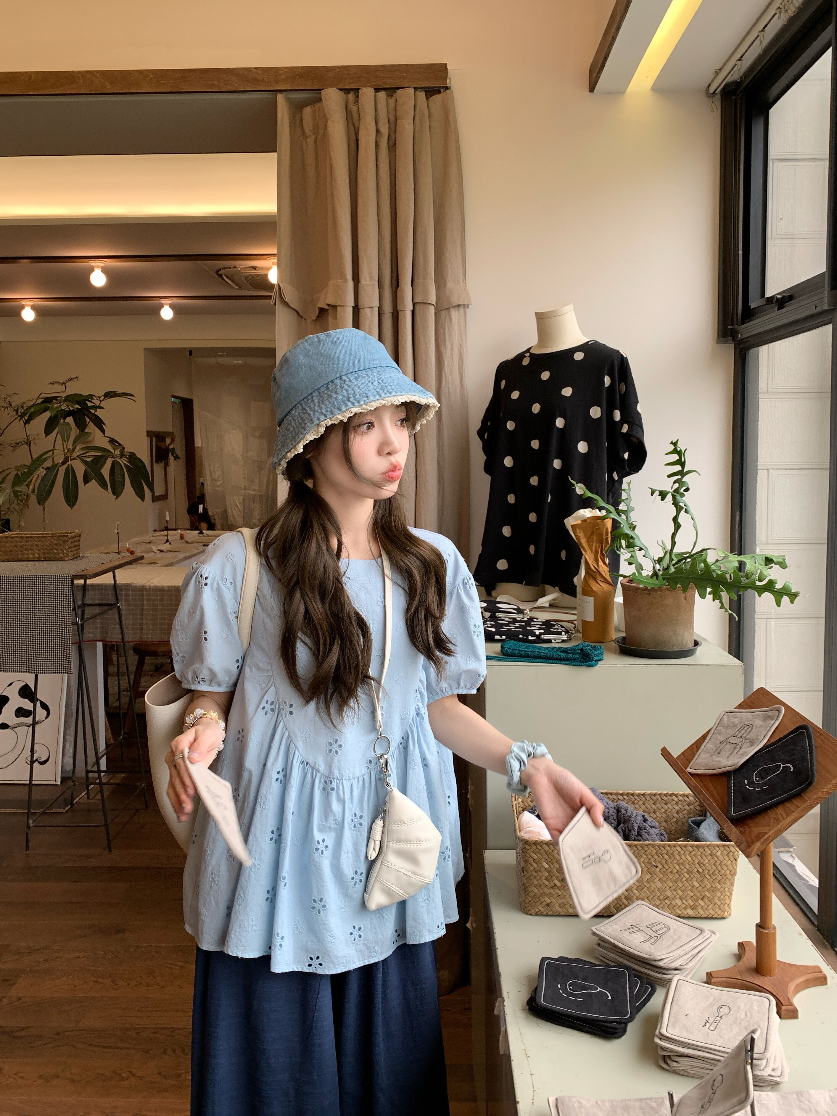 FF BLUE Summer Sunlight Cotton Embroidered Shirt Loose Short Sleeve Women's Casual Style round Neck Casual Fit Short Sleeve Top