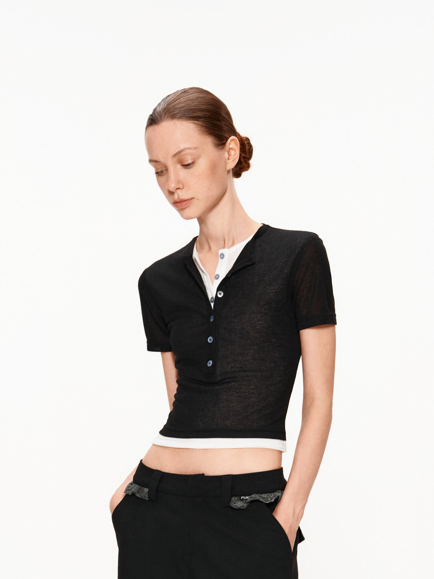 PUKI Casual wiskozowa koszulka z patchworkowym wzorem Slim Fit z krótkim rękawem Lyocell z dzianiny damskiej