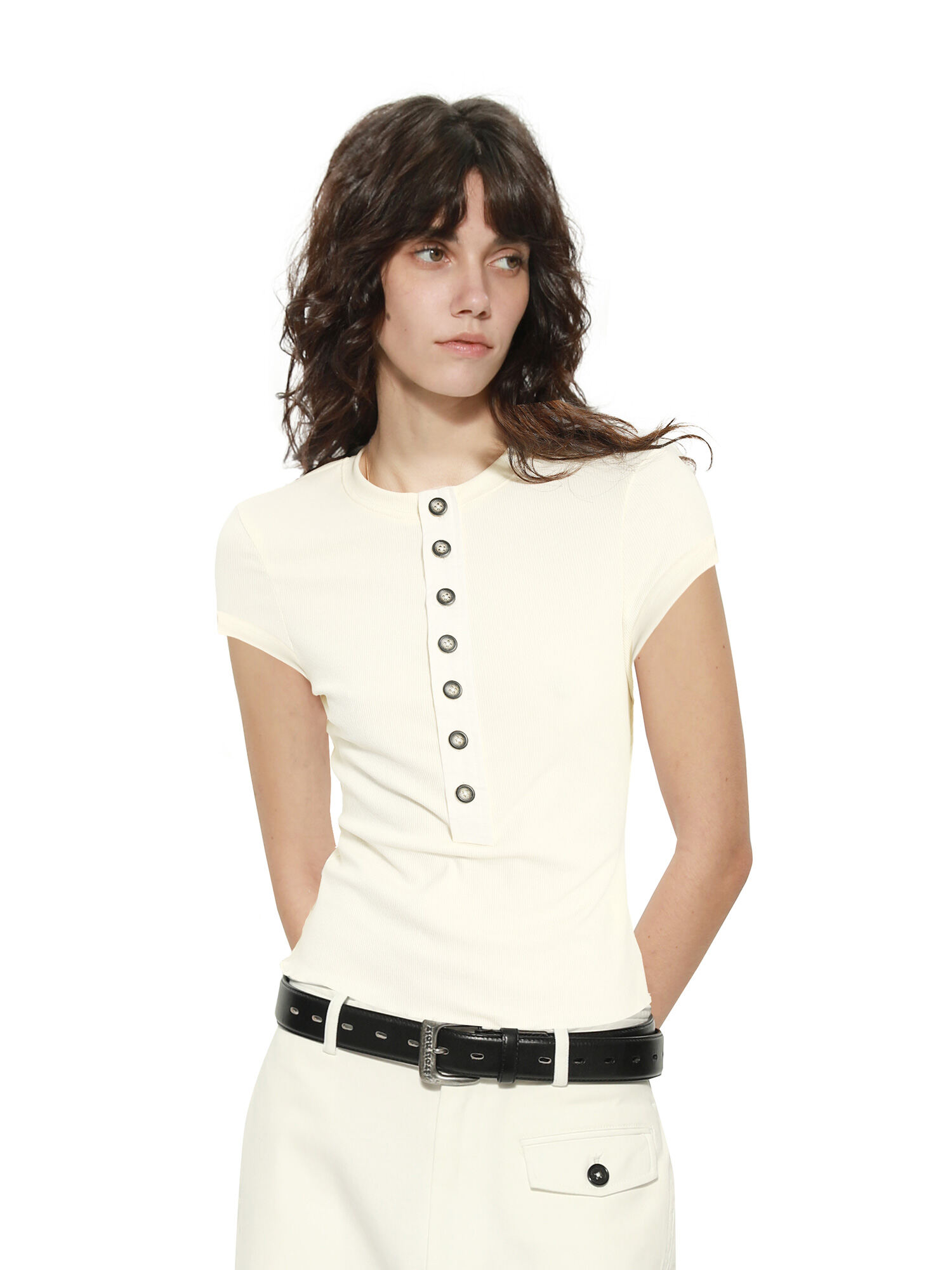 TROU NOIR Spring Summer New Style Women's Slim Fit White T-Shirt Henry Collar Short Sleeve Base Shirt round Neck Commute Simple · v3