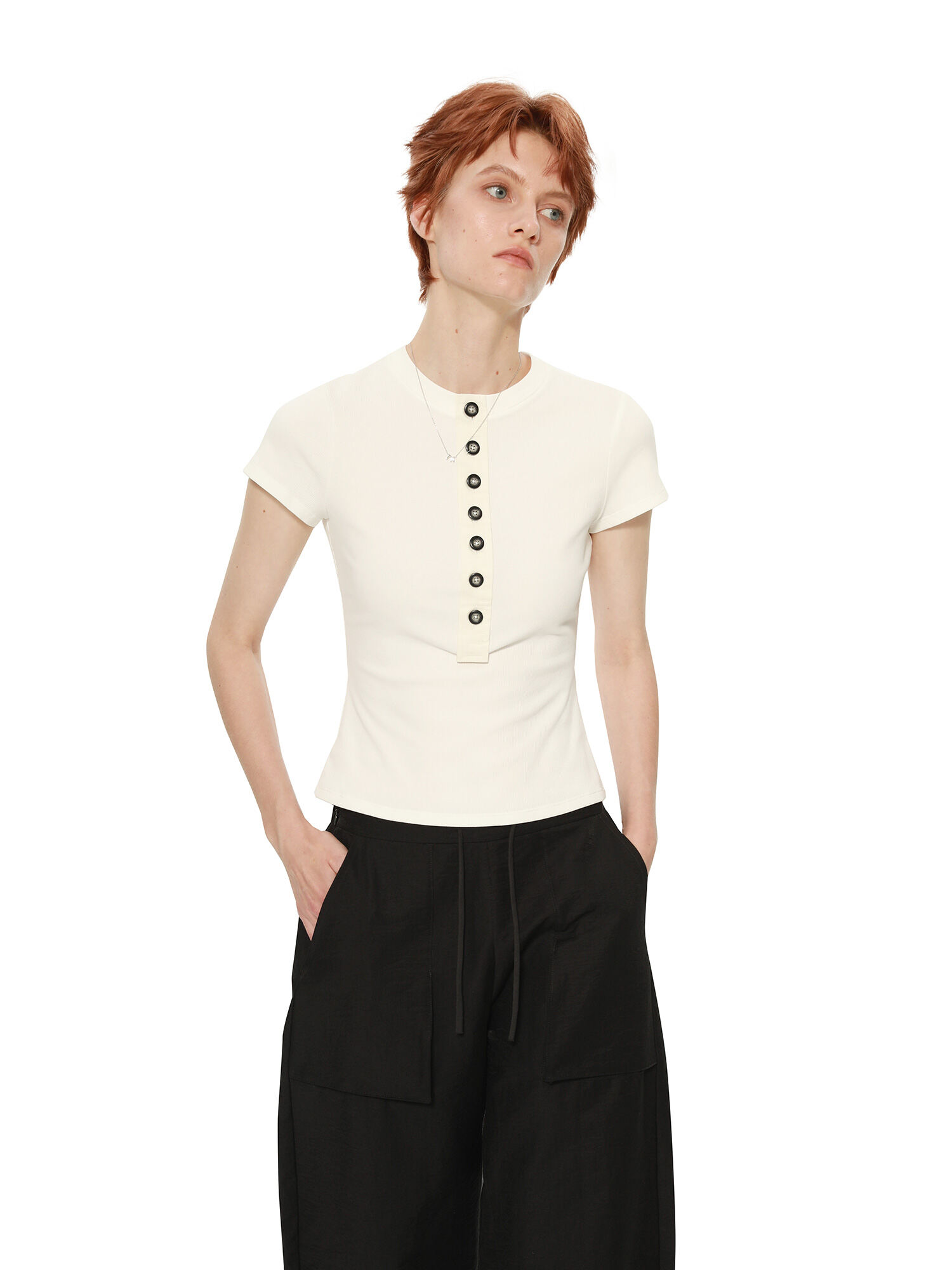 TROU NOIR Spring Summer New Style Women's Slim Fit White T-Shirt Henry Collar Short Sleeve Base Shirt round Neck Commute Simple · v3