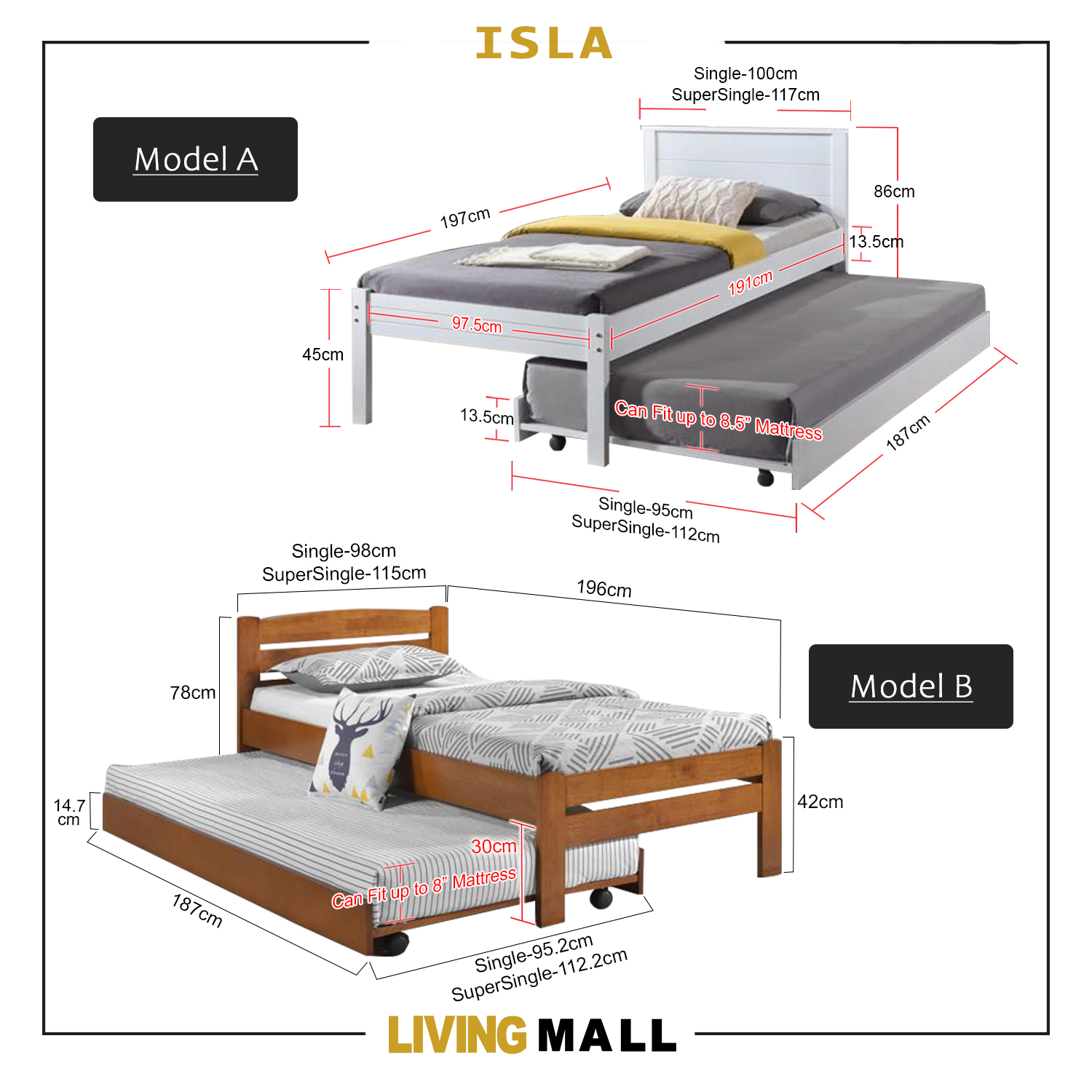 سرير Living Mall Isla المصنوع من خشب المطاط الصلب بقاعدة من الخشب الرقائقي المسطح مع سرير قابل للسحب مع خيار المرتبة