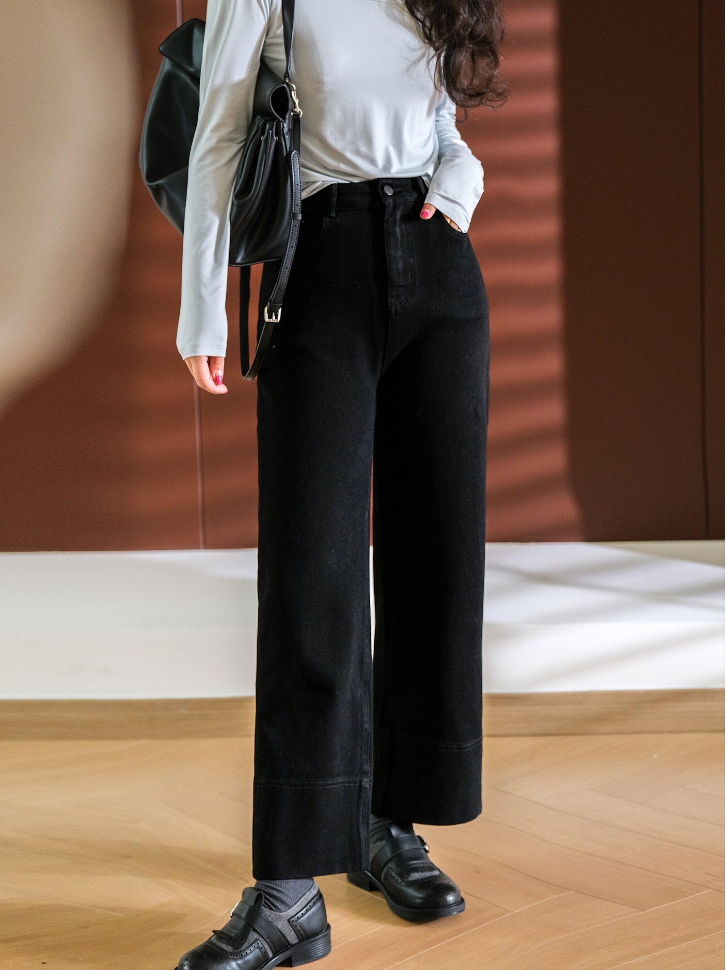 Slimming Straight Leg Jeans Women's Wide Hem Mixed Fiber Cotton Denim Pants Long Leg Effect Autumn Fashion Natural Waist Zipper