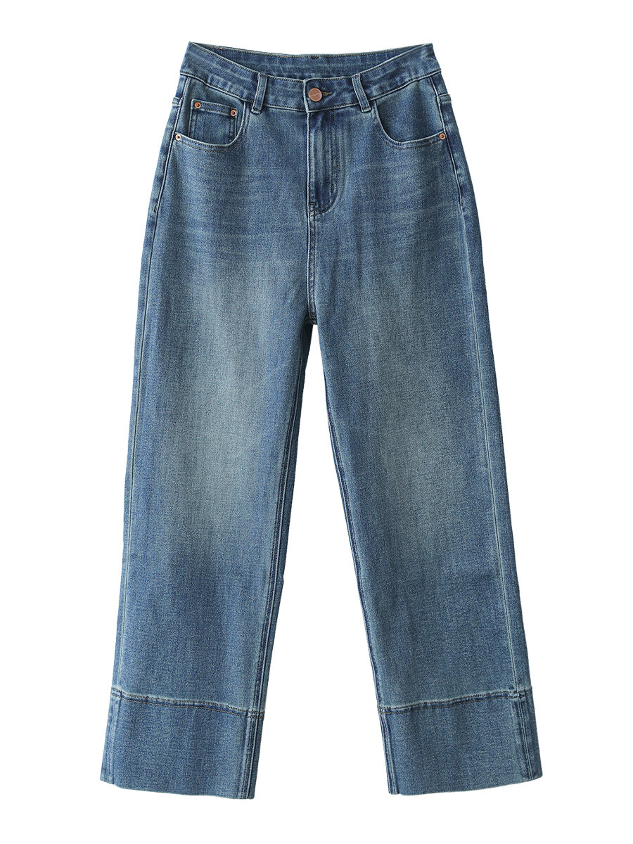 Slimming Straight Leg Jeans Women's Wide Hem Mixed Fiber Cotton Denim Pants Long Leg Effect Autumn Fashion Natural Waist Zipper
