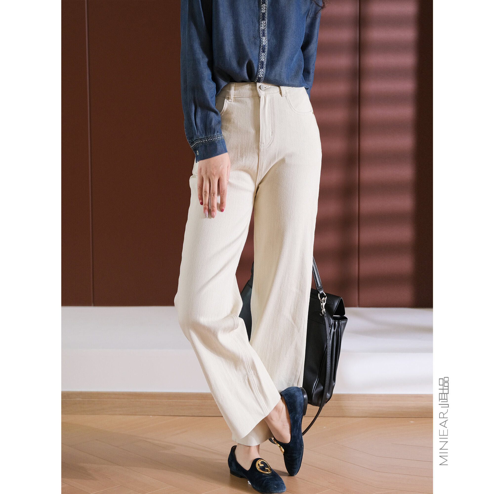 Slimming Straight Leg Jeans Women's Wide Hem Mixed Fiber Cotton Denim Pants Long Leg Effect Autumn Fashion Natural Waist Zipper