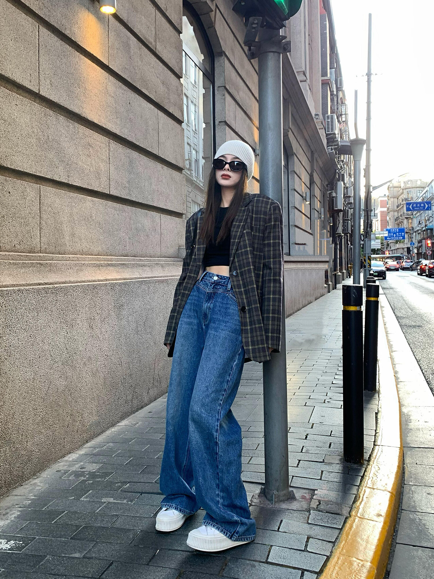Chenmi Fan Blau Jeans mit hoher Taille und weitem Bein für Damen Herbst Neu Locker lässige gerade Hosen Hoch aussehende lange Hosen