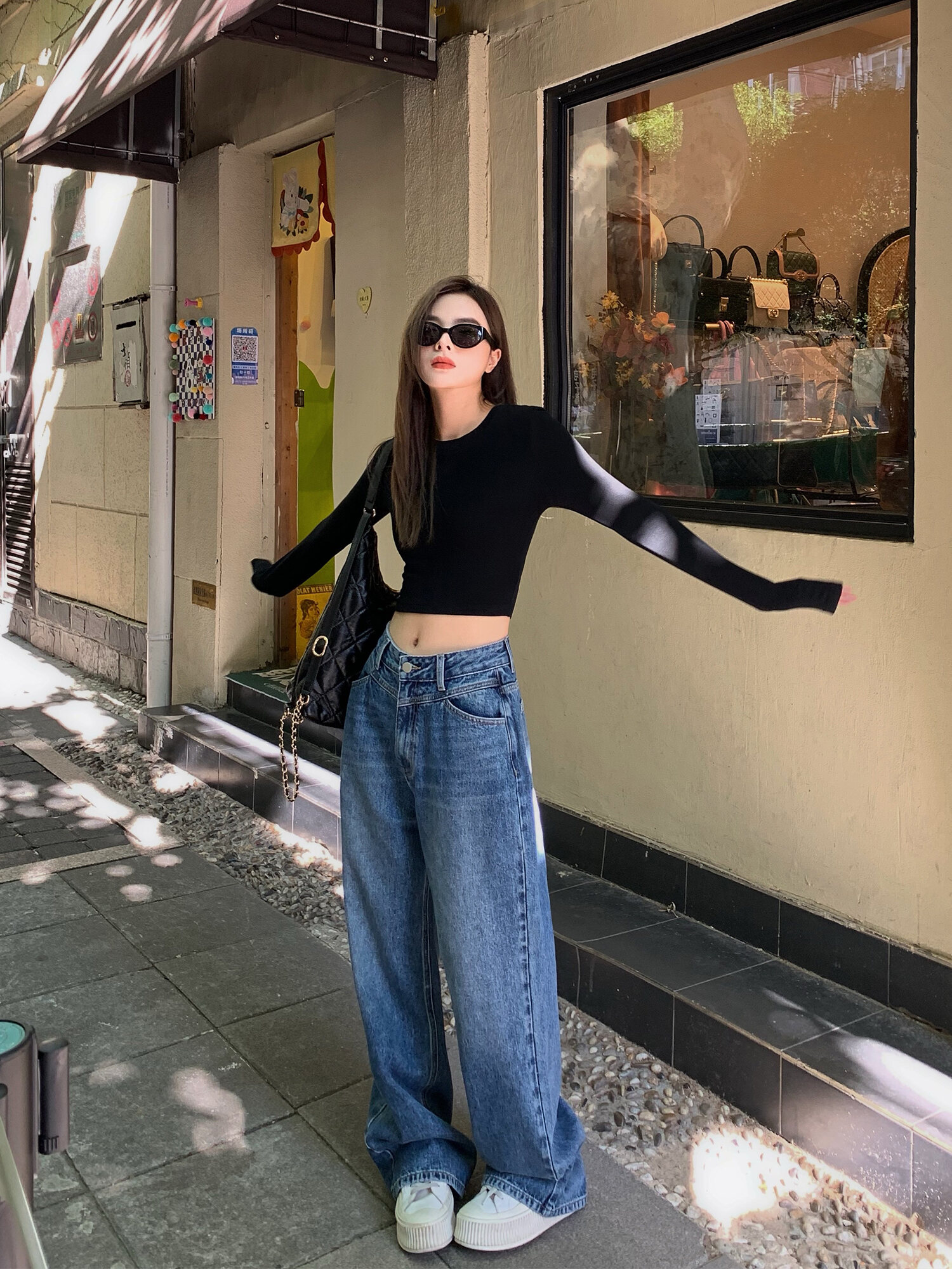 Chenmi Fan Blau Jeans mit hoher Taille und weitem Bein für Damen Herbst Neu Locker lässige gerade Hosen Hoch aussehende lange Hosen