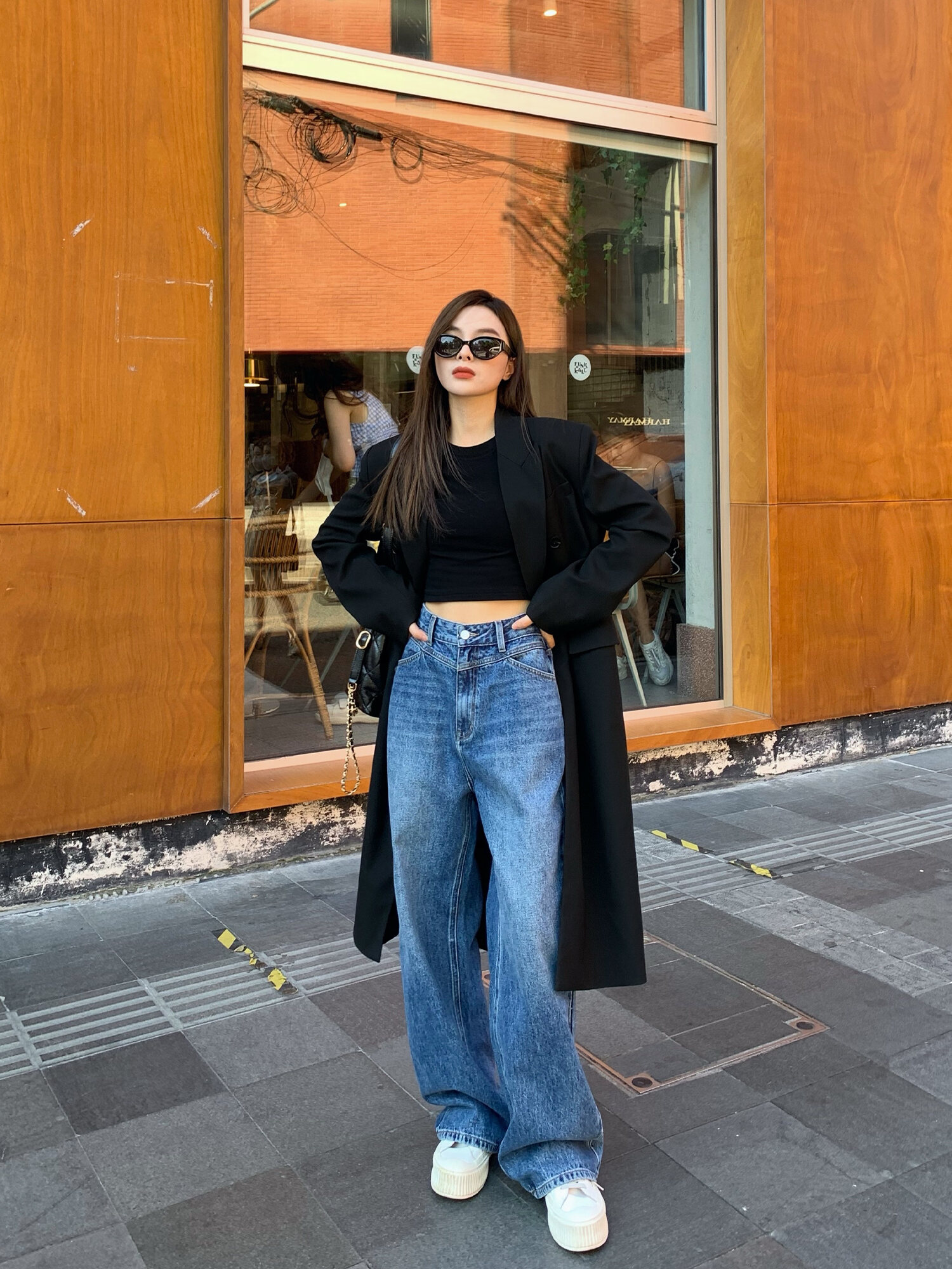 Chenmi Fan Blau Jeans mit hoher Taille und weitem Bein für Damen Herbst Neu Locker lässige gerade Hosen Hoch aussehende lange Hosen