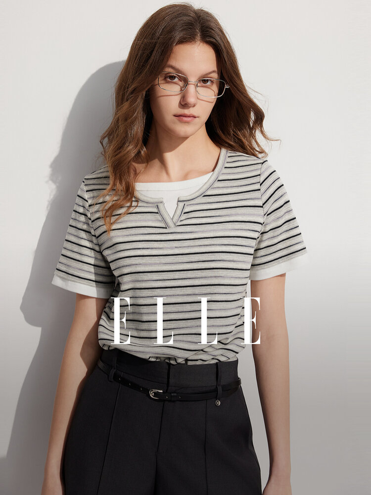 ELLE French Design Splice Color Striped Short Sleeve T-shirt for Women Simple Casual Summer 2024 New Arrival