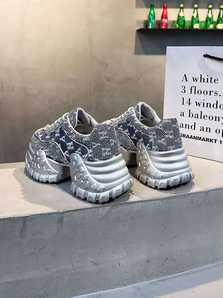 Elegant Retro Diamond Studded Thick Heel Dad Shoes Women's Versatile Sports Casual Shoes Increased Height Comfortable Mesh Inner · v7