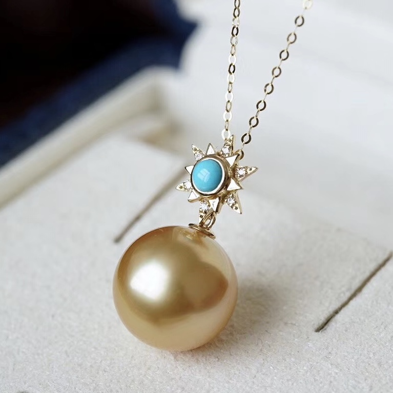Montagne Jewelry 18k Pure Gold necklace for women Diamond Turquoise Inset Sun Flower Design Fine Jewelry Natural 11-12mm South Sea Golden Pearl Pendant Necklace · v3