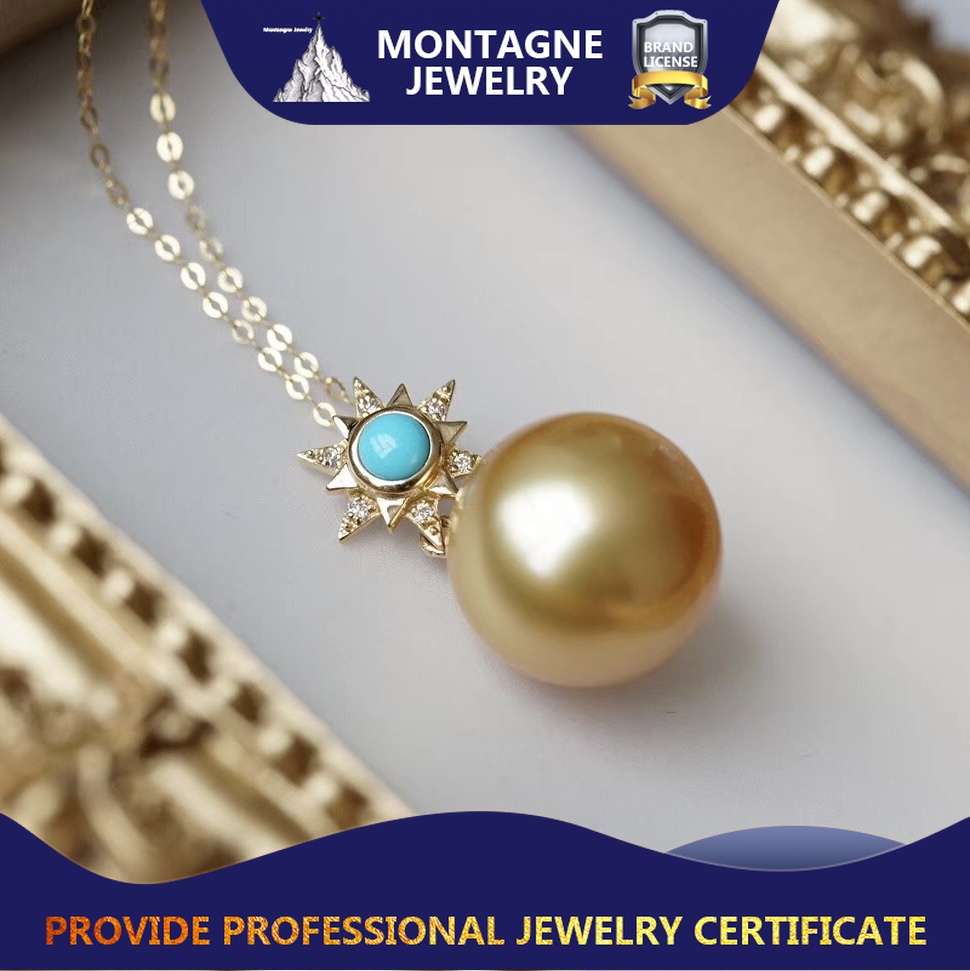 Montagne Jewelry 18k Pure Gold necklace for women Diamond Turquoise Inset Sun Flower Design Fine Jewelry Natural 11-12mm South Sea Golden Pearl Pendant Necklace · v3