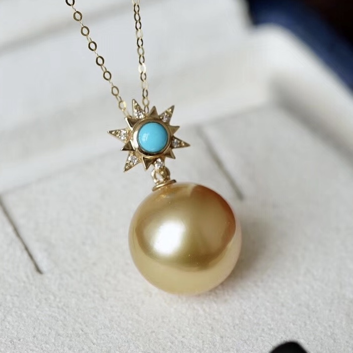Montagne Jewelry 18k Pure Gold necklace for women Diamond Turquoise Inset Sun Flower Design Fine Jewelry Natural 11-12mm South Sea Golden Pearl Pendant Necklace · v3