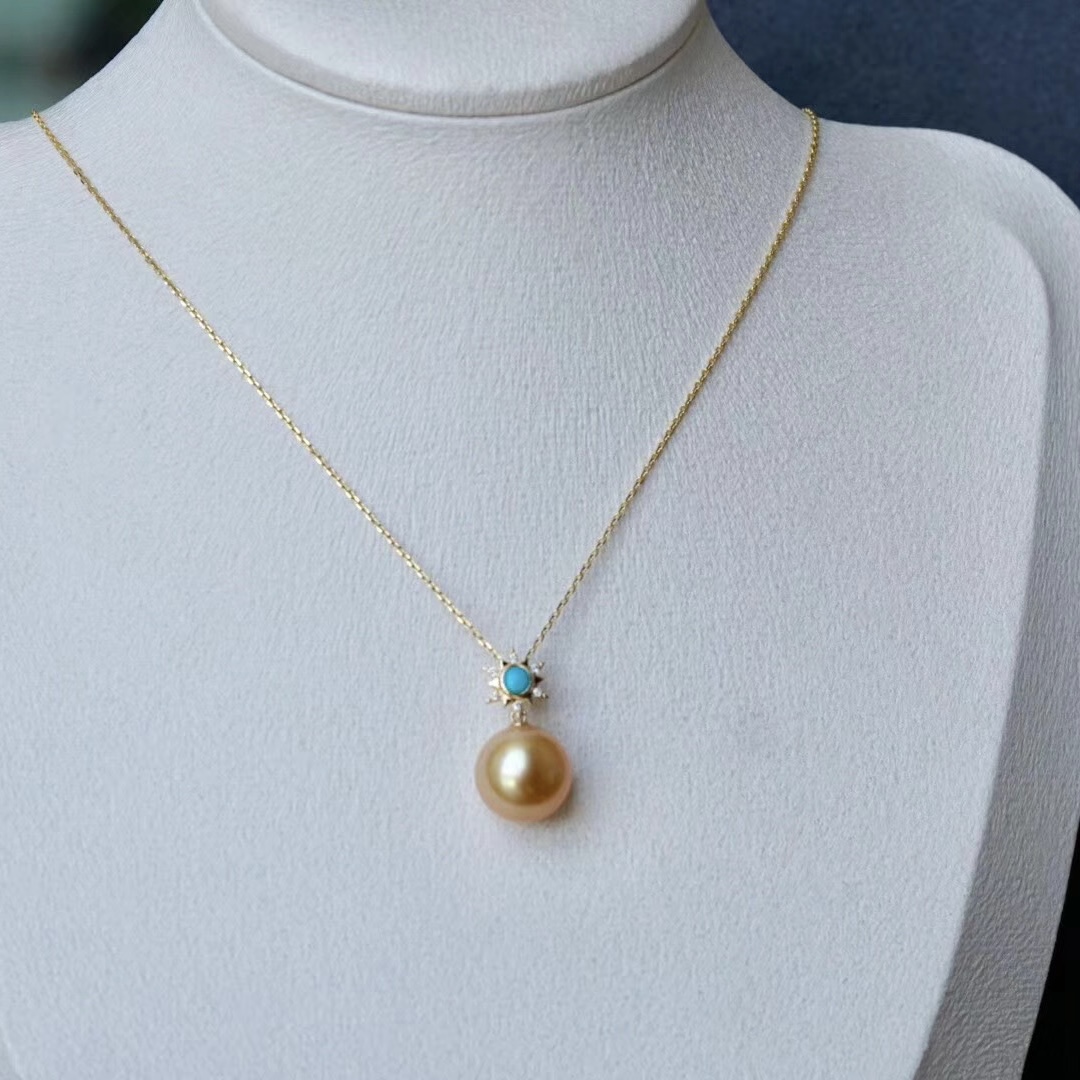 Montagne Jewelry 18k Pure Gold necklace for women Diamond Turquoise Inset Sun Flower Design Fine Jewelry Natural 11-12mm South Sea Golden Pearl Pendant Necklace · v3