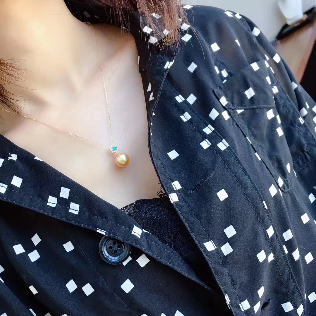 Montagne Jewelry 18k Pure Gold necklace for women Diamond Turquoise Inset Sun Flower Design Fine Jewelry Natural 11-12mm South Sea Golden Pearl Pendant Necklace · v3