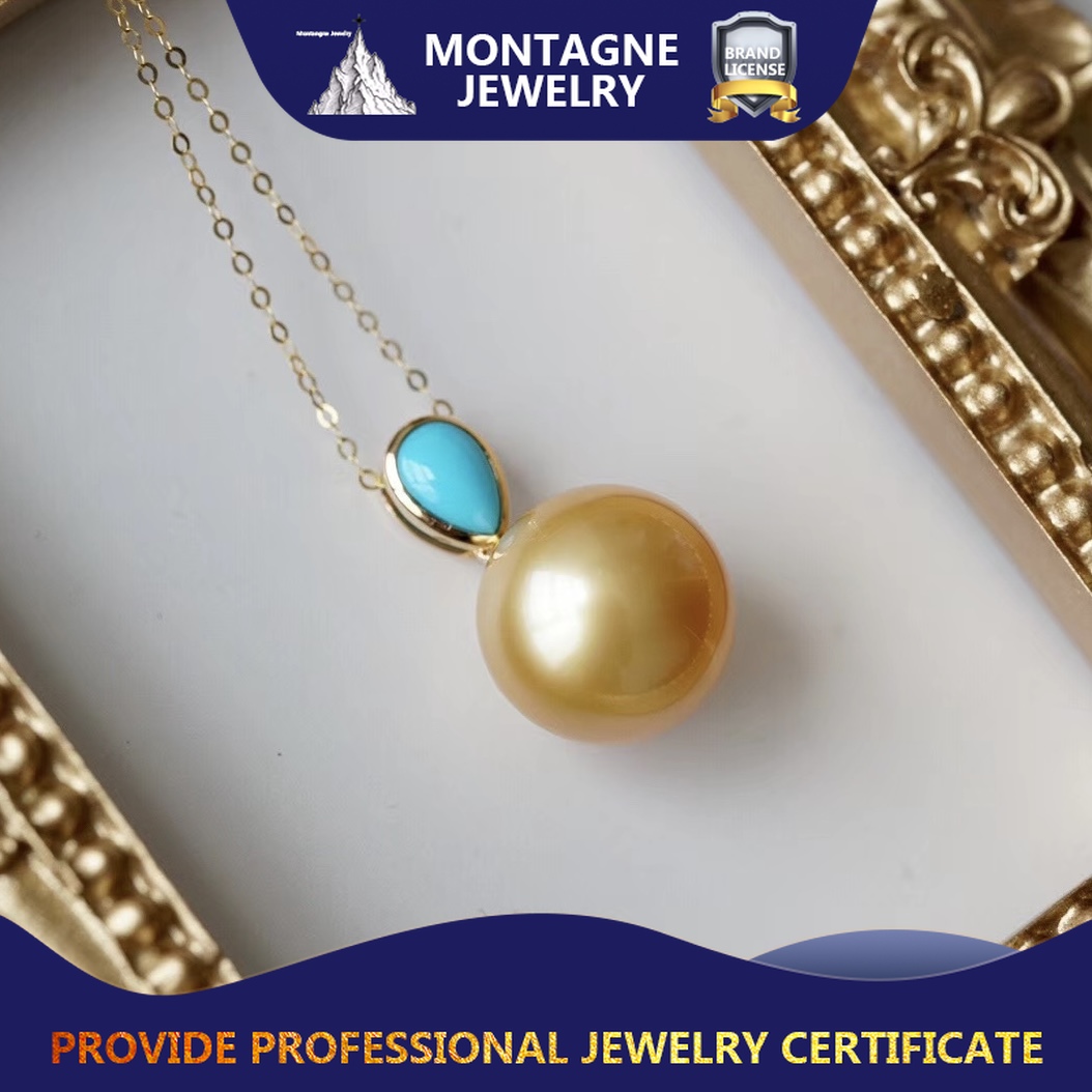 Montagne Jewelry สร้อยคอทองคำบริสุทธิ์ 18k สำหรับผู้หญิง จี้ไข่มุกสีทอง South Sea ขนาด 11-12 มม. ประดับด้วยหินเทอร์ควอยซ์ทรงหยดน้ำ