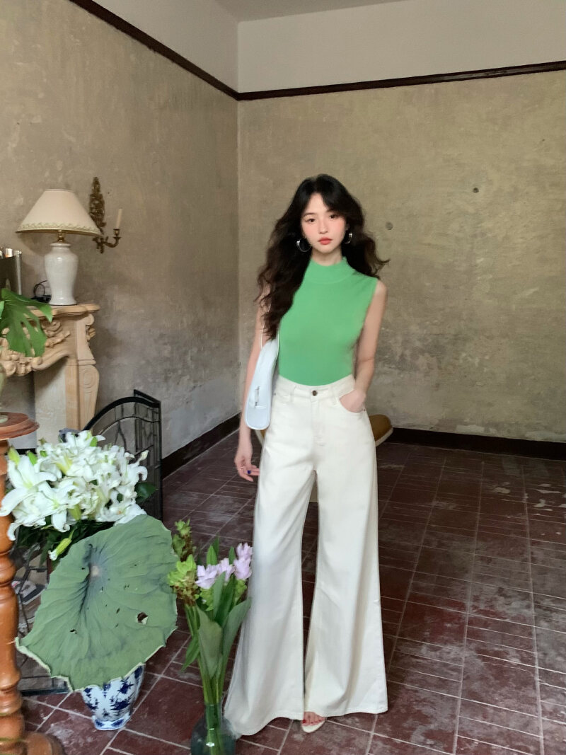 Wine Noon [Xixi] Hong Kong Style Retro Autumn High Waist Slim-Fit Wide-Legged Pants Micro-La Mop Pants White Denim Female · v2