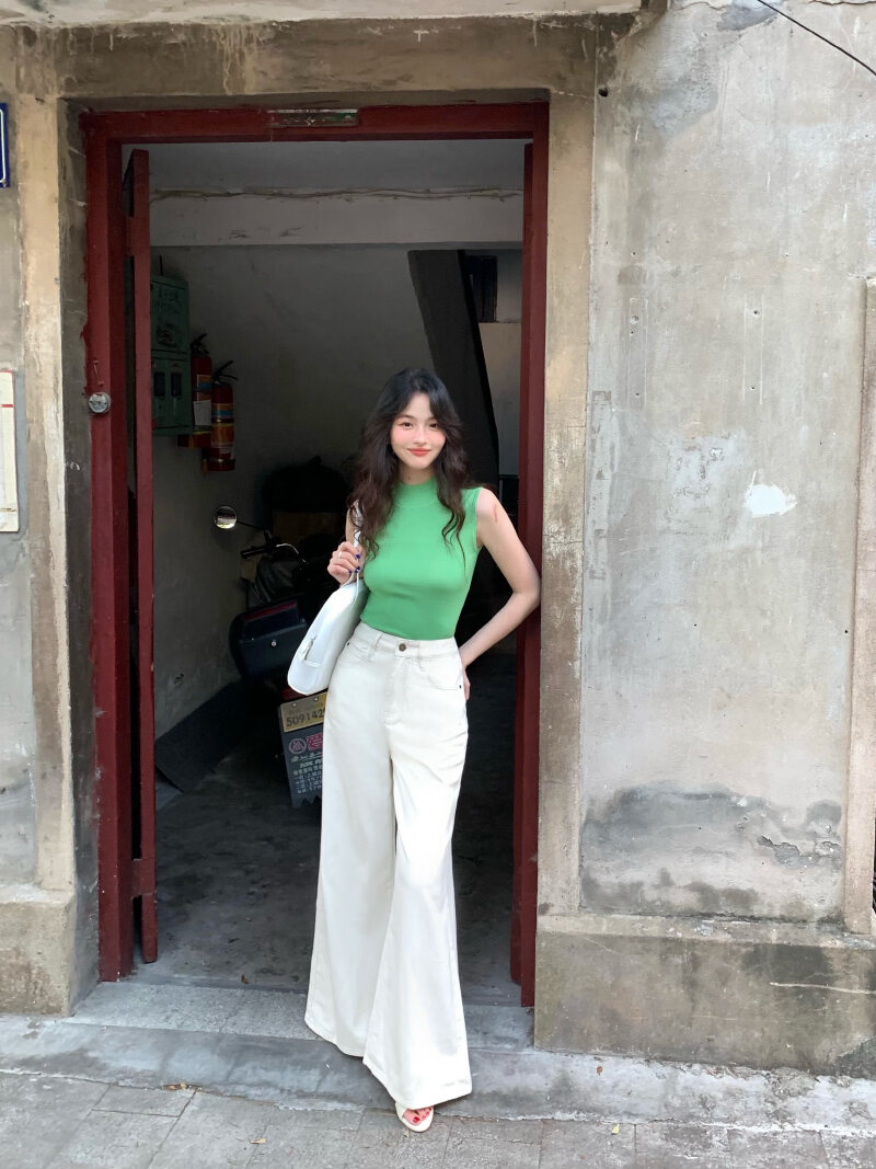 Wine Noon [Xixi] Hong Kong Style Retro Autumn High Waist Slim-Fit Wide-Legged Pants Micro-La Mop Pants White Denim Female · v2