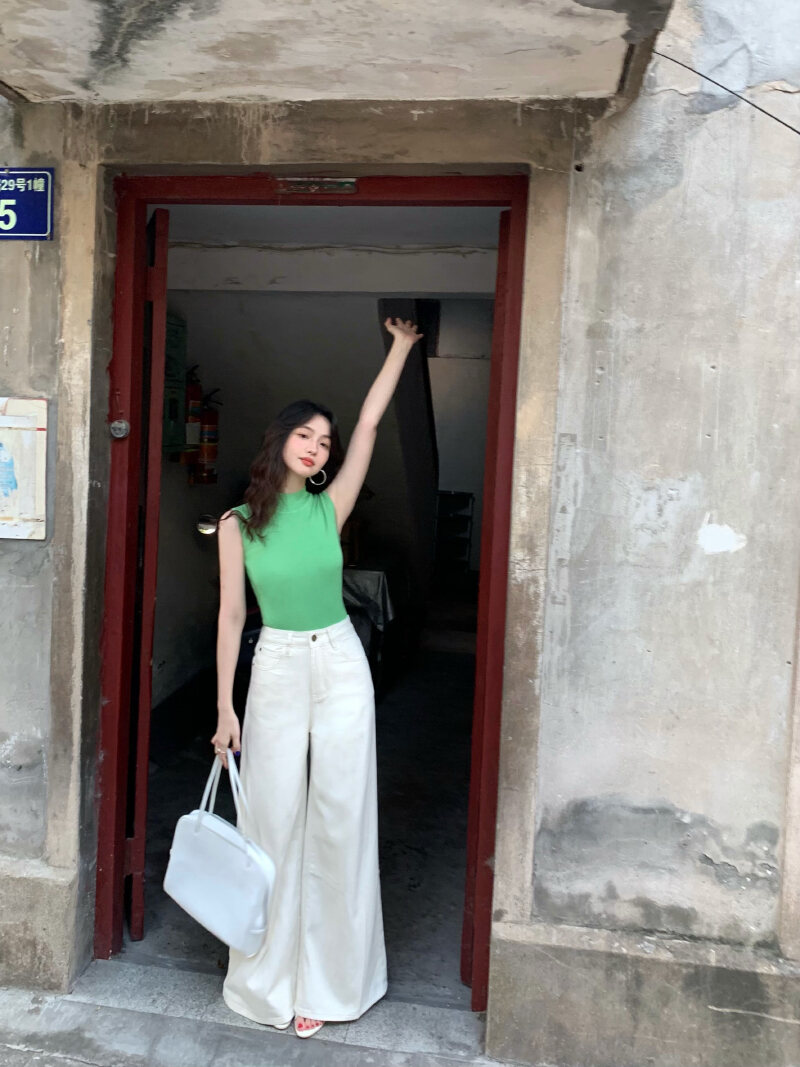 Wine Noon [Xixi] Hong Kong Style Retro Autumn High Waist Slim-Fit Wide-Legged Pants Micro-La Mop Pants White Denim Female · v2