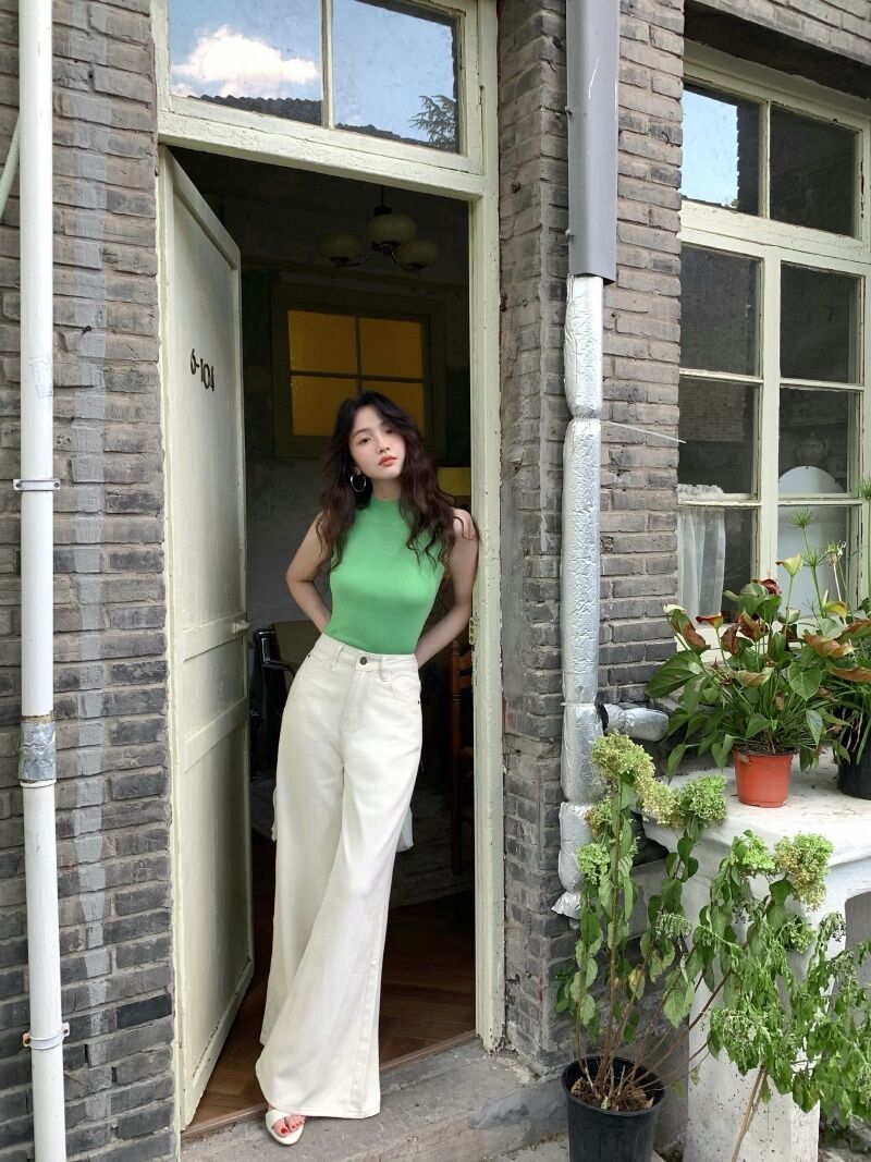 Wine Noon [Xixi] Hong Kong Style Retro Autumn High Waist Slim-Fit Wide-Legged Pants Micro-La Mop Pants White Denim Female · v2