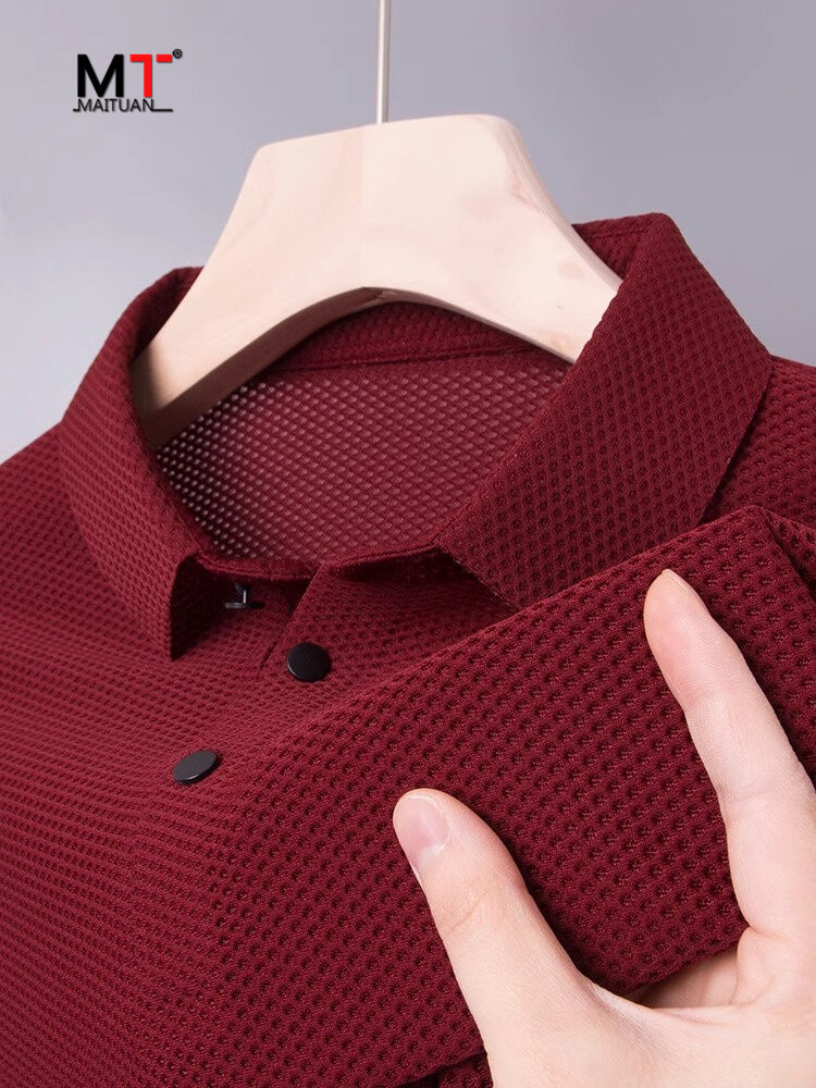 Polo rossa da uomo a manica corta per banchetto nuziale a manica lunga, business casual, vestibilità standard, alla moda, per papà e sposo