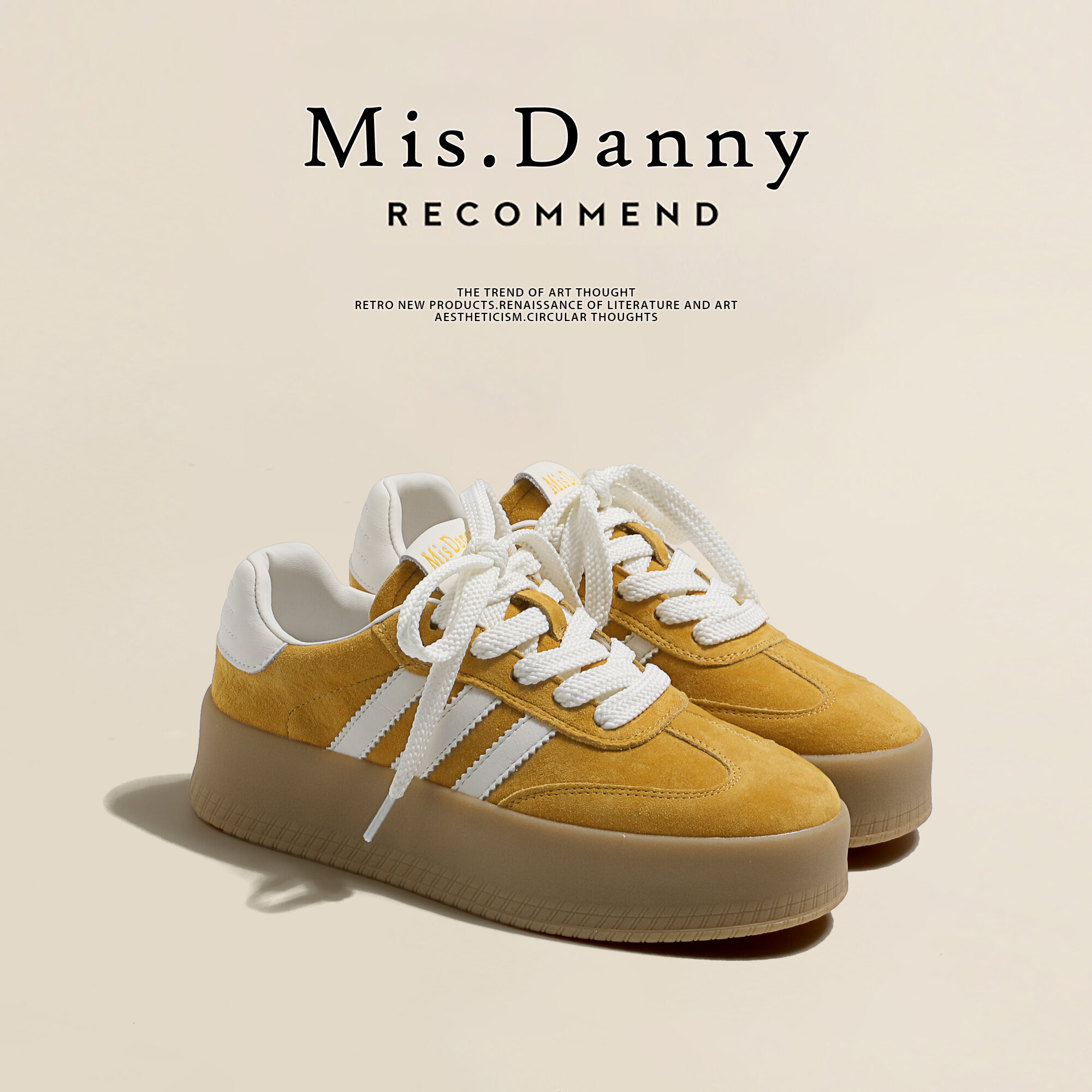 Yellow Genuine Leather Thick Bottom Deqin Shoes Women's Spring Style Casual All-Match Flat Heel Comfortable Sports Sneakers · v7