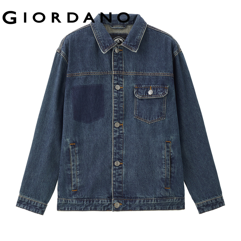 Jaket denim longgar saku warna palsu Giordano Pria Bebas Ongkos Kirim 01074072