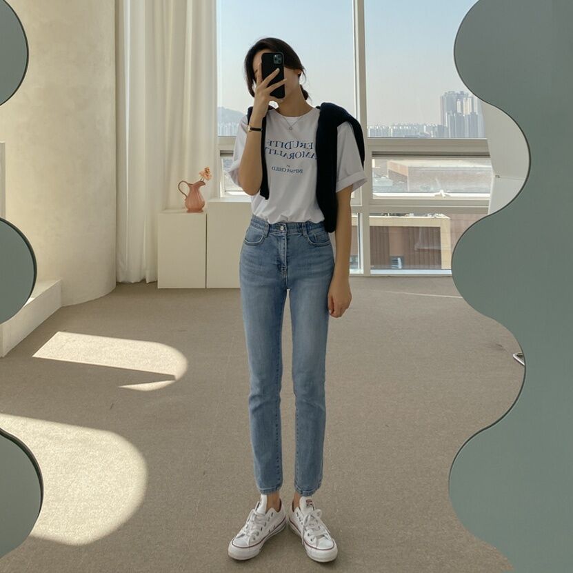 Light Blue High Waist Straight Leg Jeans Women's Slimming Elastic Cotton Stretch Denim Pants Spring Autumn Winter Fashion · v2