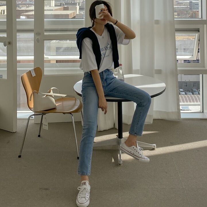 Light Blue High Waist Straight Leg Jeans Women's Slimming Elastic Cotton Stretch Denim Pants Spring Autumn Winter Fashion · v2