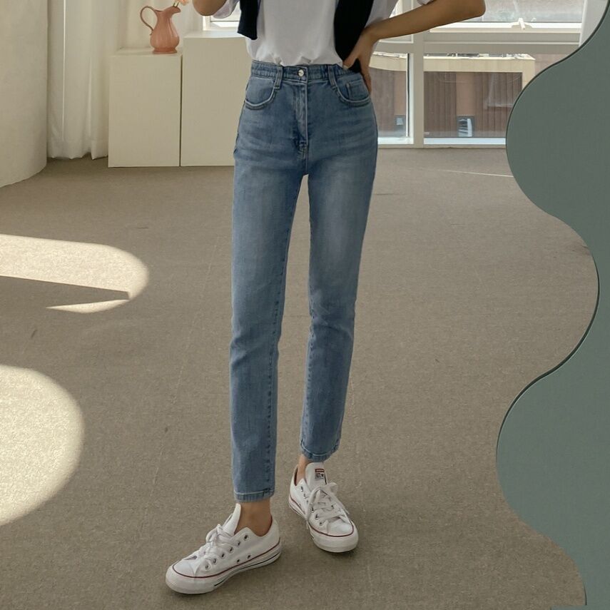 Light Blue High Waist Straight Leg Jeans Women's Slimming Elastic Cotton Stretch Denim Pants Spring Autumn Winter Fashion · v2