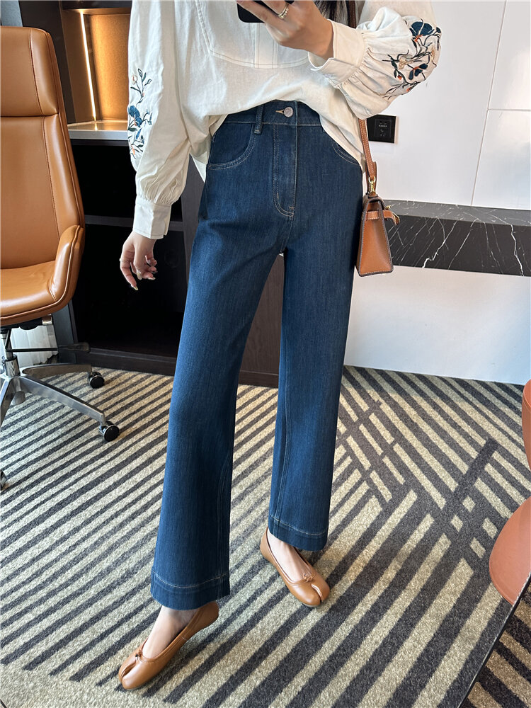 The Style Is Too Good! Retro Blue Straight-leg Denim Female 2024 Autumn New Arrival Ninth Loose Slim Looking Loose Pants · v2