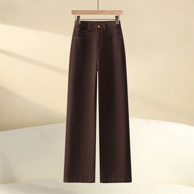 High-End Ankela Red Fancy Pure Cotton Wide Leg Denim Women's Trousers Fall and Winter Fleece-lined High Waist Slimming Straight Pants
