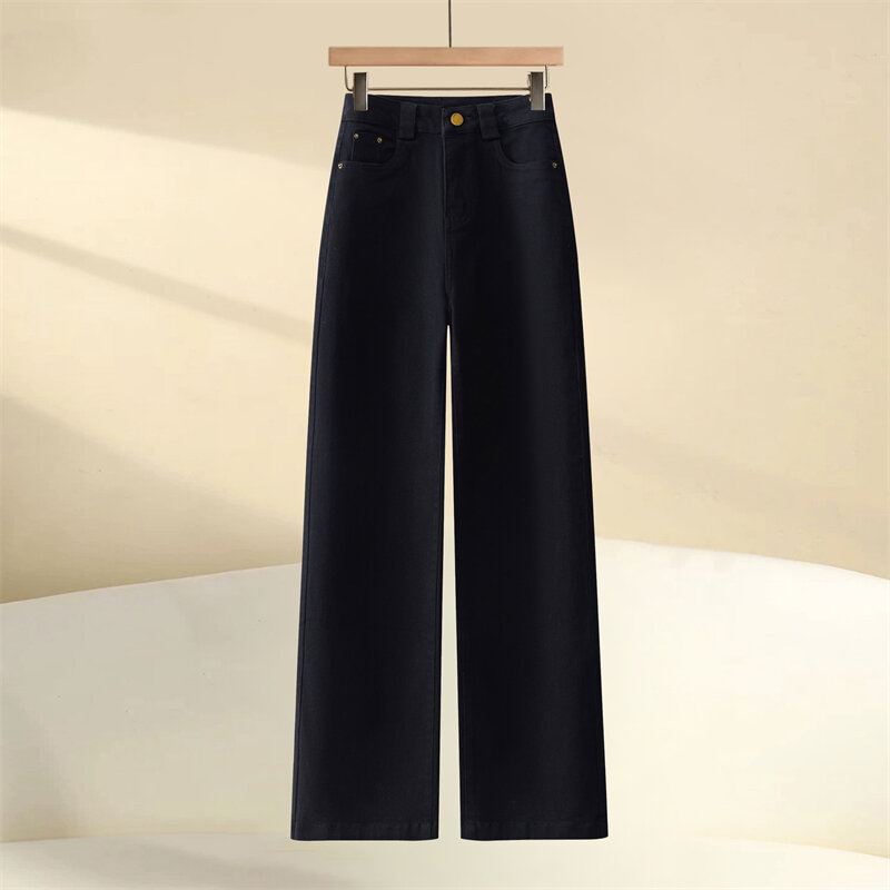 High-End Ankela Red Fancy Pure Cotton Wide Leg Denim Women's Trousers Fall and Winter Fleece-lined High Waist Slimming Straight Pants