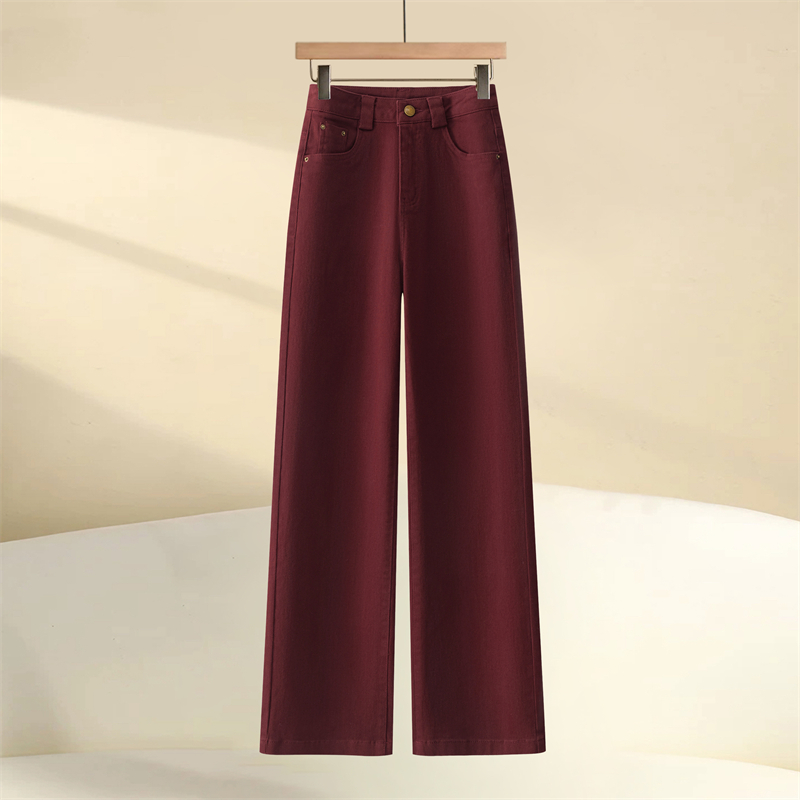 High-End Ankela Red Fancy Pure Cotton Wide Leg Denim Women's Trousers Fall and Winter Fleece-lined High Waist Slimming Straight Pants