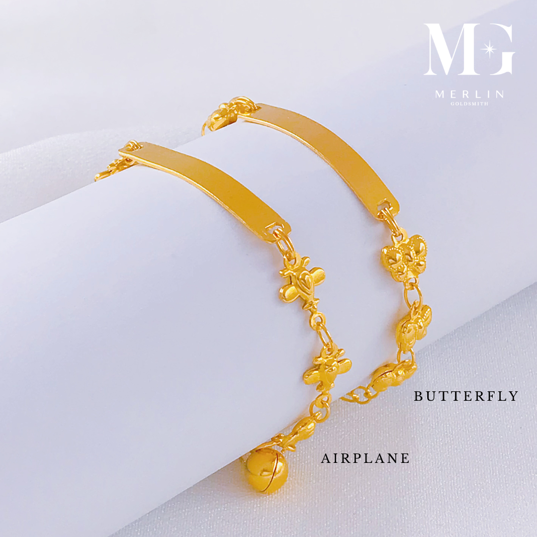 Merlin Goldsmith 22k 916 Gold Kids ID Bracelet with Dangling Bell (Airplane / Butterfly) · v3
