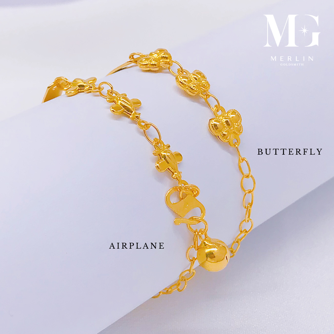 Merlin Goldsmith 22k 916 Gold Kids ID Bracelet with Dangling Bell (Airplane / Butterfly) · v3