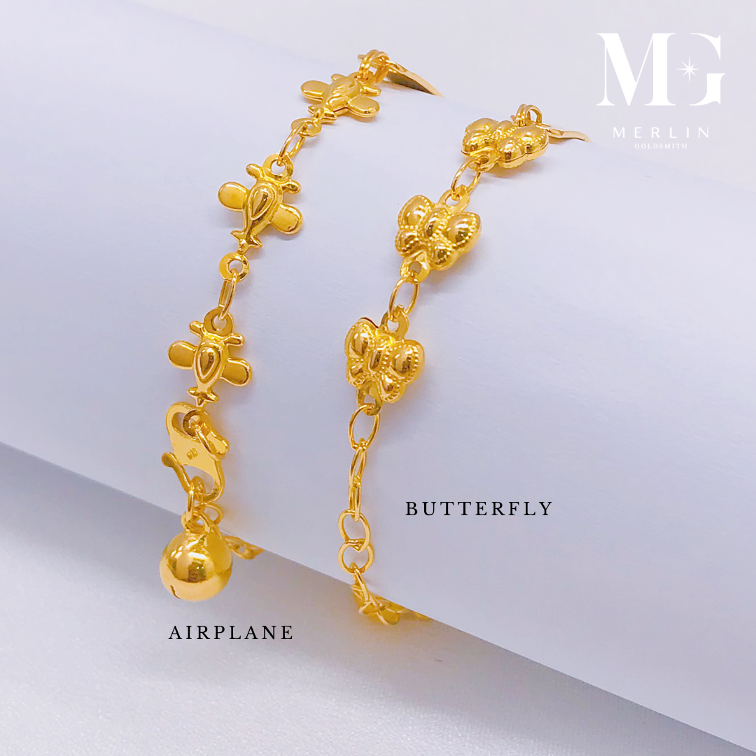 Merlin Goldsmith 22k 916 Gold Kids ID Bracelet with Dangling Bell (Airplane / Butterfly) · v3