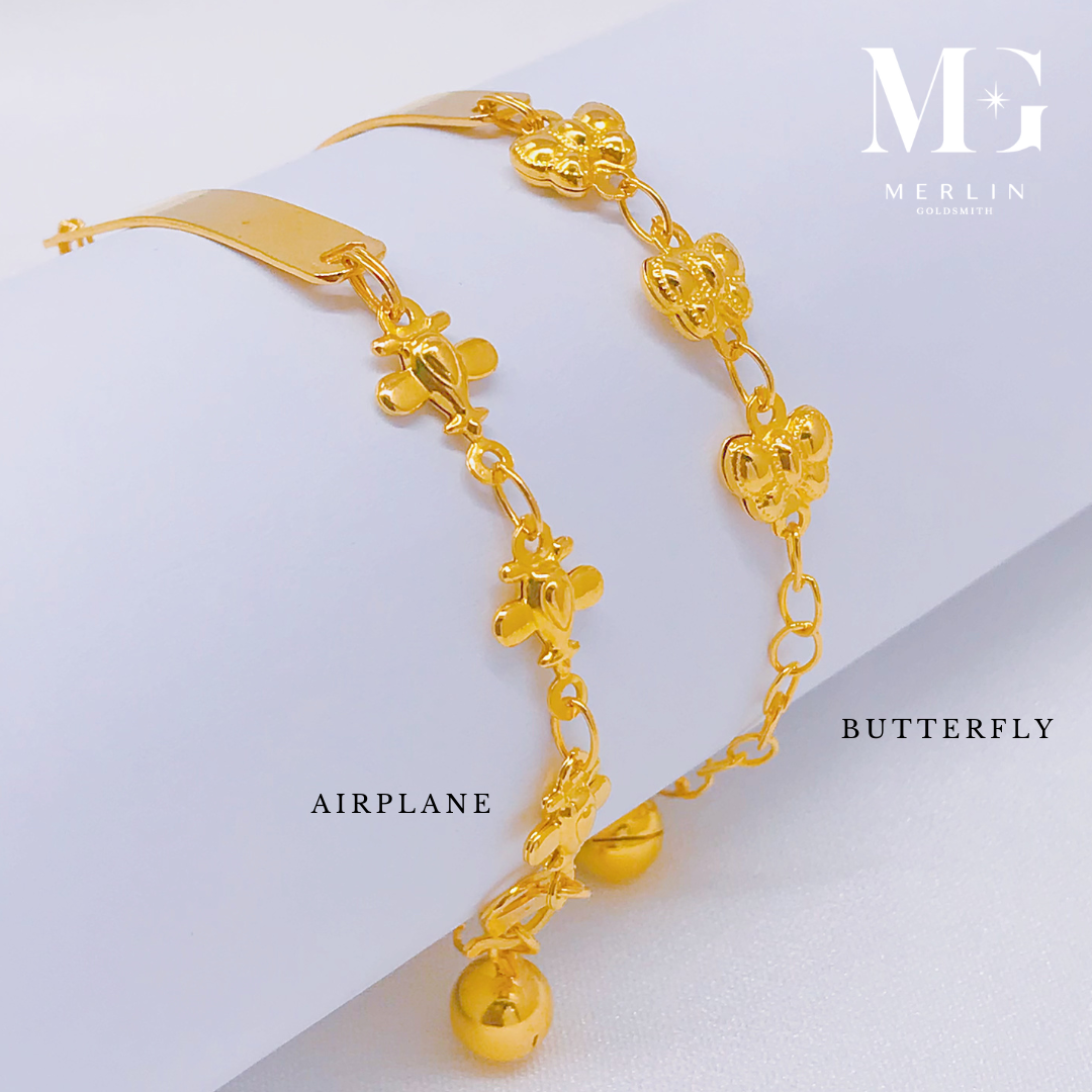 Merlin Goldsmith 22k 916 Gold Kids ID Bracelet with Dangling Bell (Airplane / Butterfly) · v3