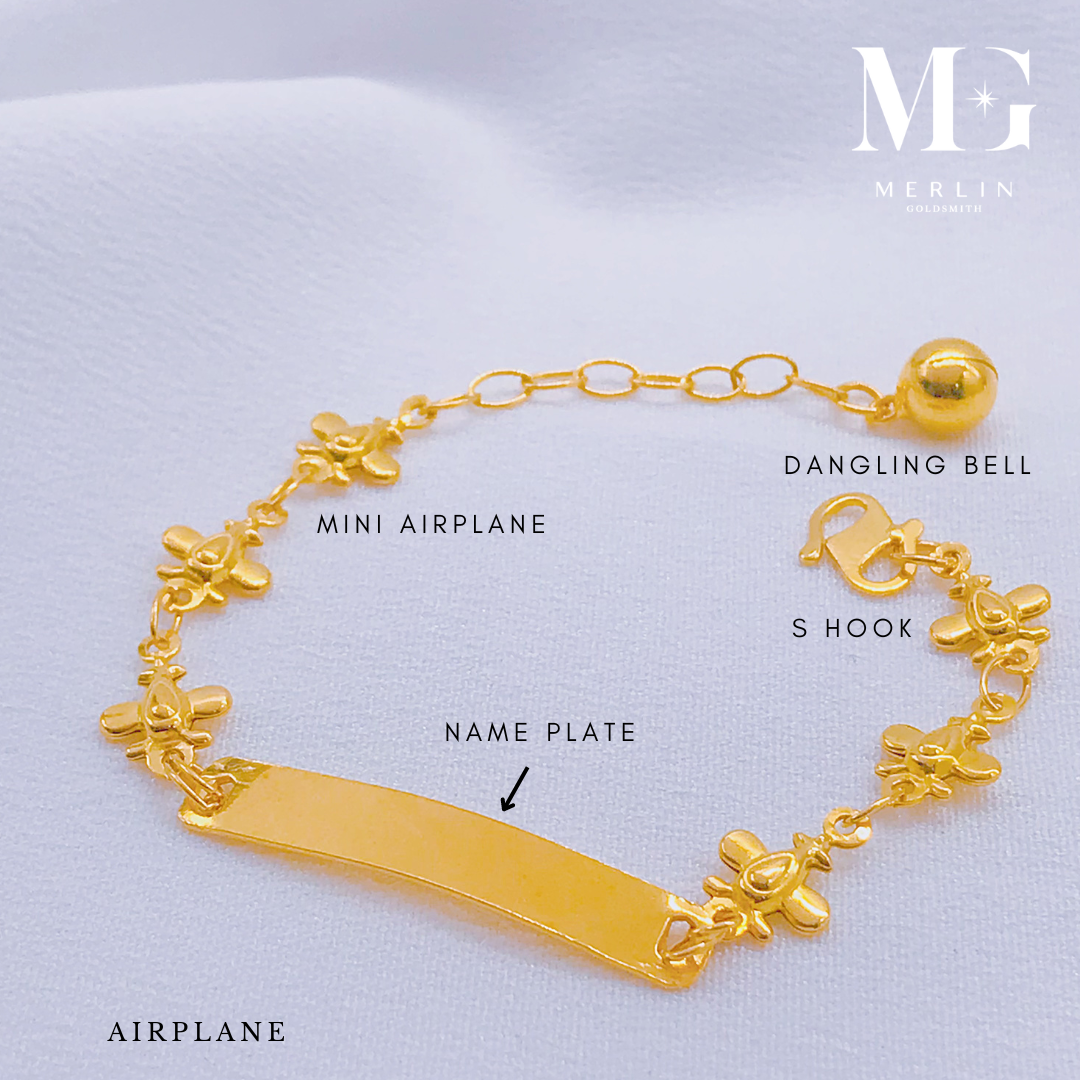 Merlin Goldsmith 22k 916 Gold Kids ID Bracelet with Dangling Bell (Airplane / Butterfly) · v3